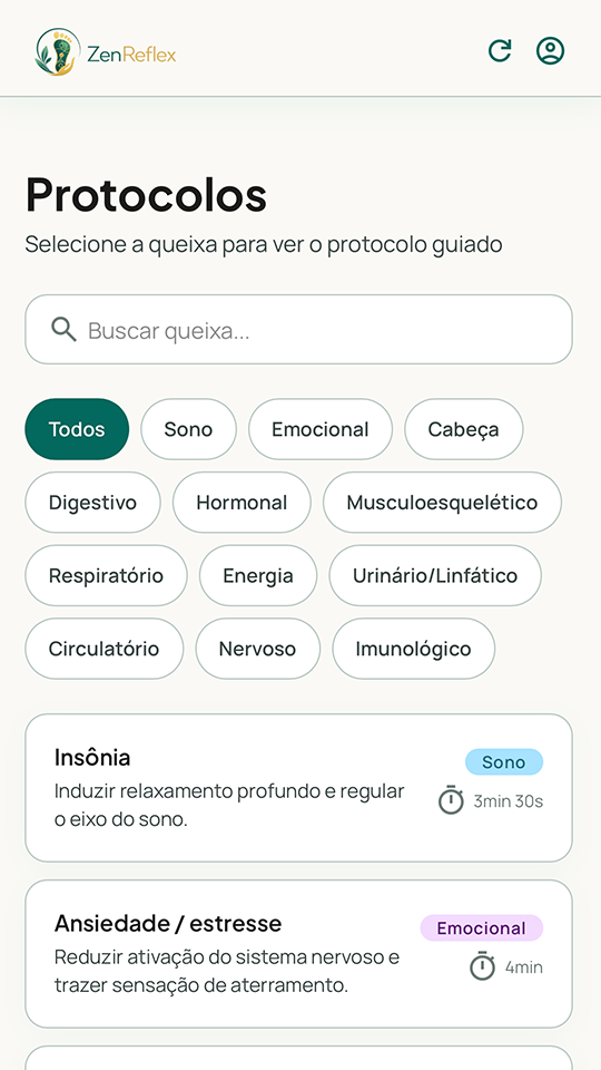 Navegação pela lista de protocolos no ZenReflex